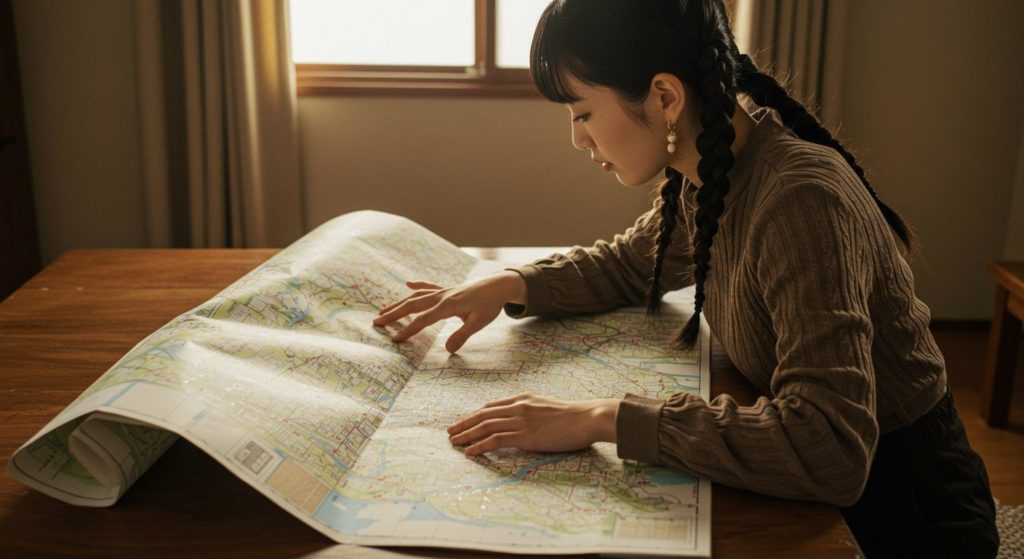たくさんの道が描かれた地図を広げて、どの道に進むか考えている日本人女性