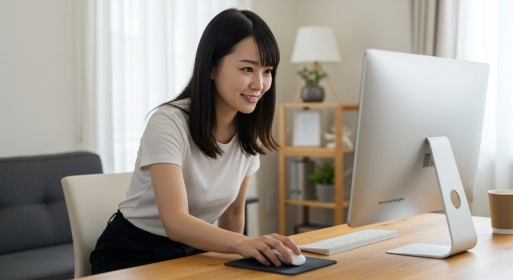 パソコンの購入ボタンの上にマウスカーソルを置き、自信に満ちた表情でクリックしようとしている日本人女性