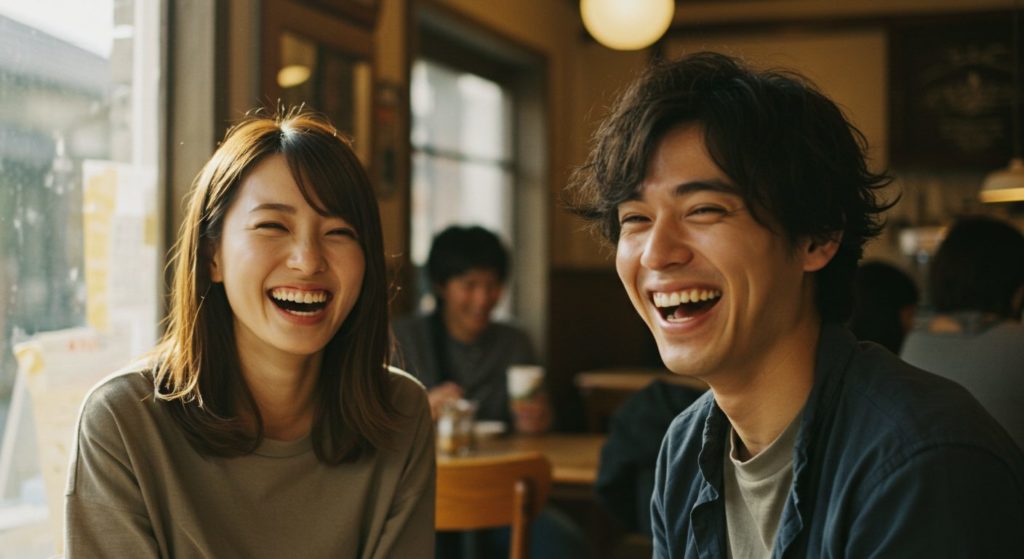 カフェで友人と楽しそうに笑い合っている日本人女性