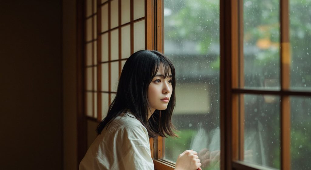 雨が降る窓の外を、一人で寂しそうに眺めている日本人女性