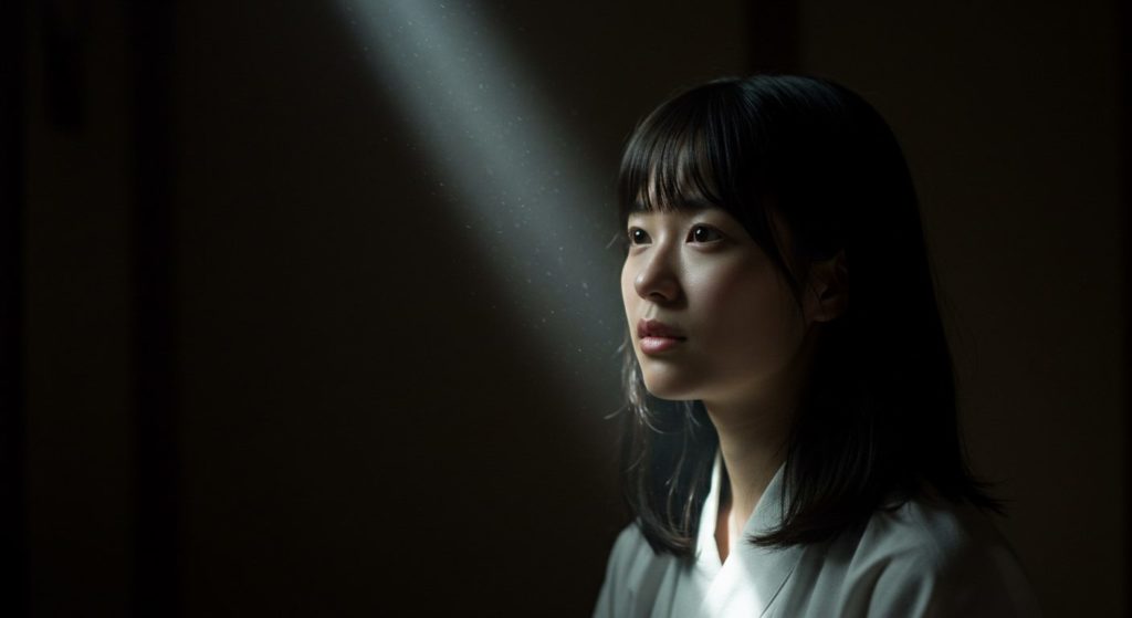 暗い部屋に差し込む一筋の光を、希望に満ちた表情で見つめる日本人女性