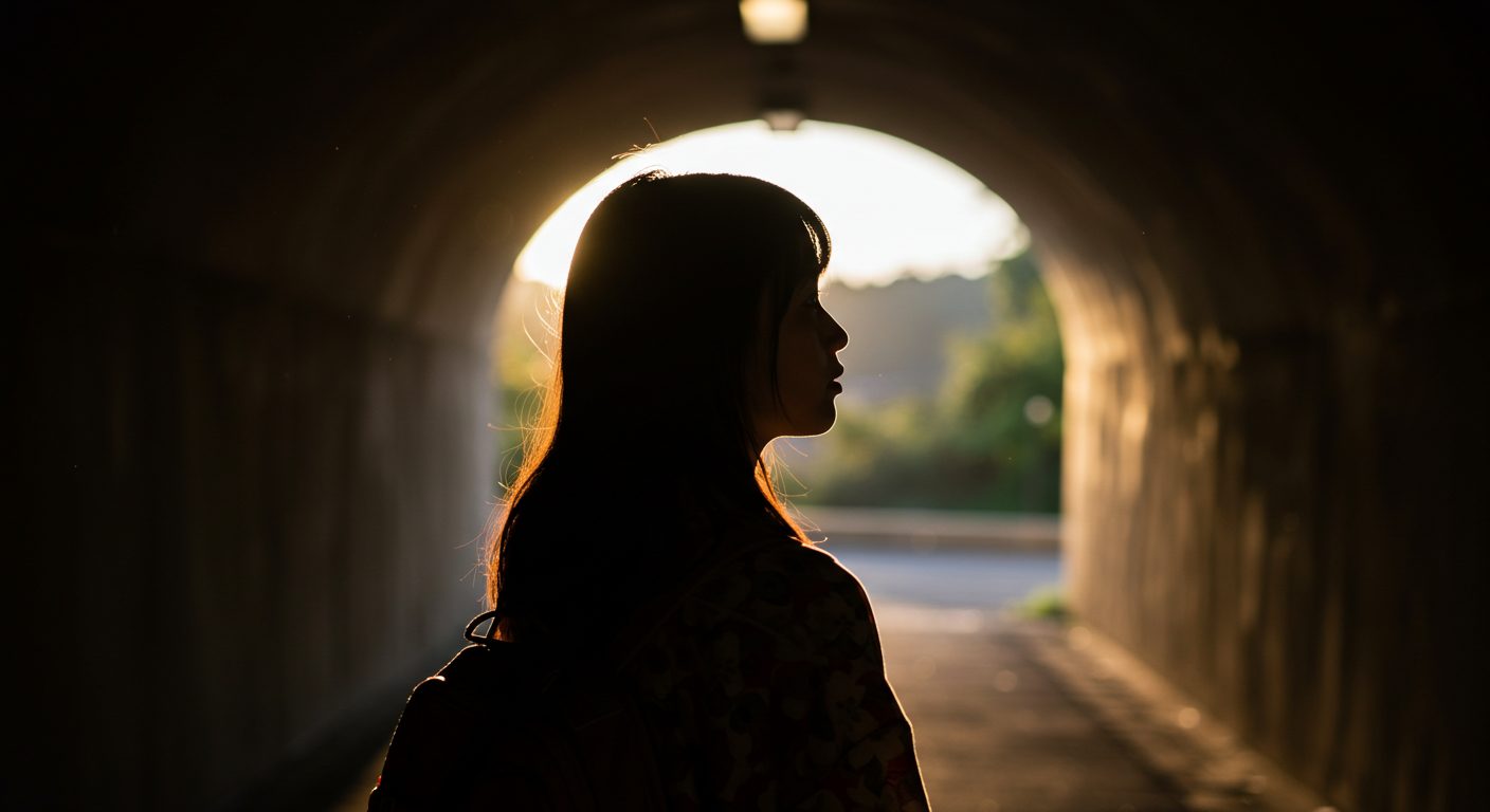 暗いトンネルの出口で、希望の光を見つめる日本人女性