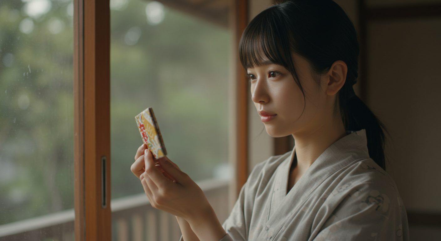 初めての護符を手に取り、安心した表情を浮かべる日本人女性