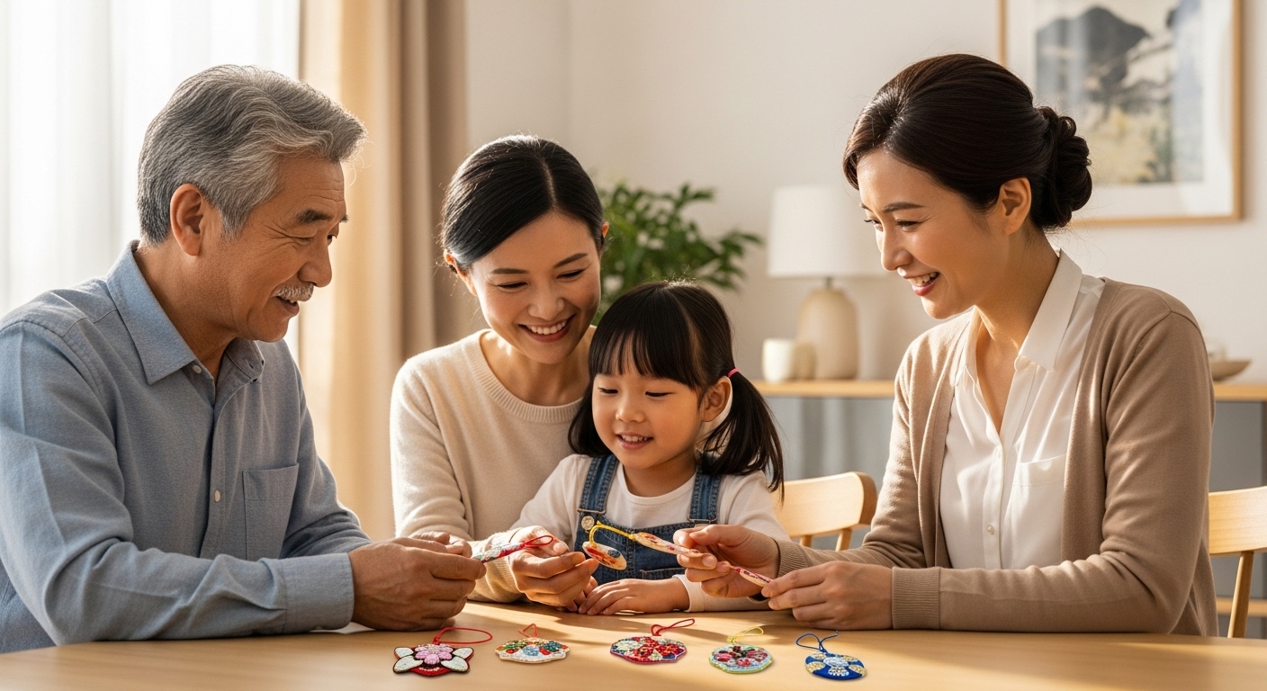 リビングで三世代の家族が、楽しそうに月花殿の護符を選んでいる様子