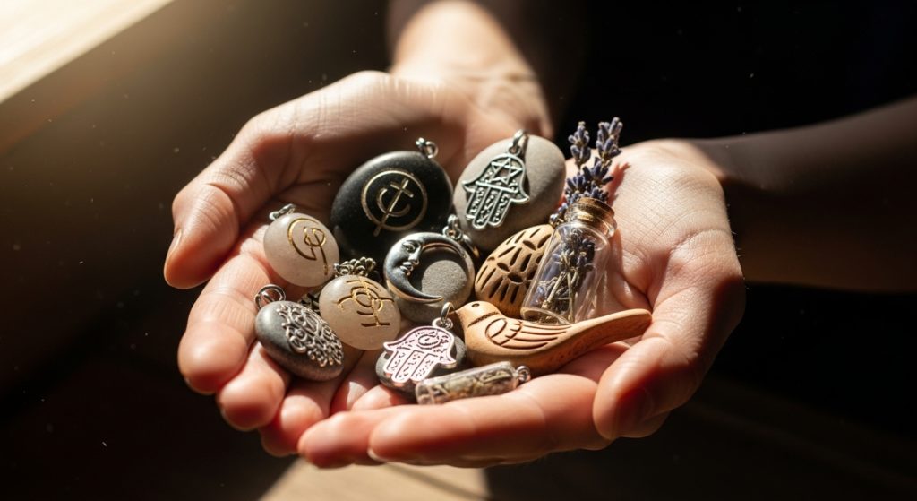 朝日の中で、女性が数枚の護符を両手でそっと大切に包み込んでいる様子の画像。