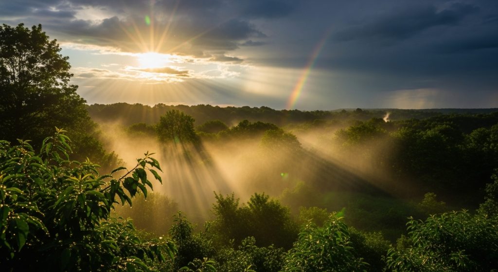 雨上がりの空に、雲の切れ間から太陽の光が差し込んでいる様子の画像。希望を感じさせる雰囲気。