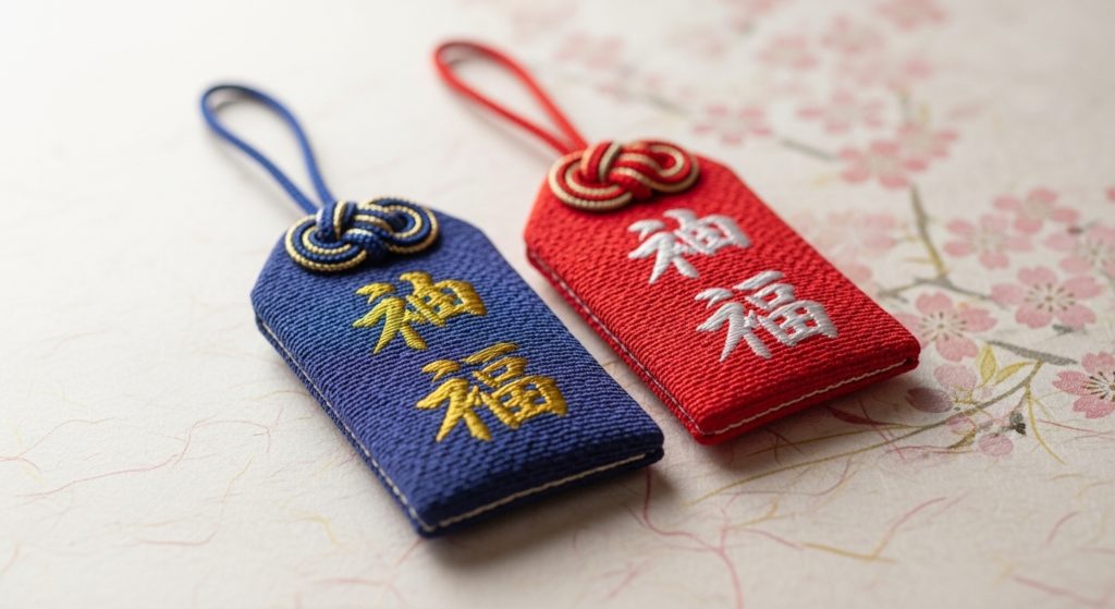 柔らかな光の中で、美しい和紙の上に2枚の護符がそっと寄り添うように置かれている様子の画像。