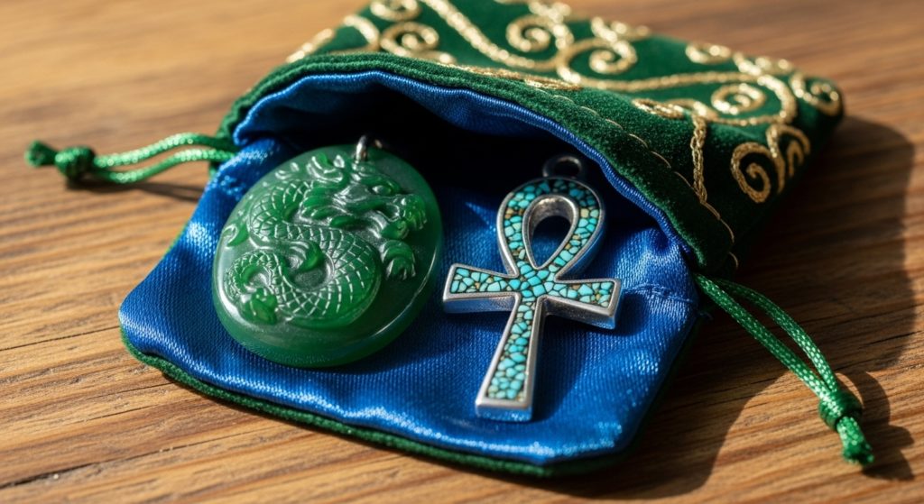 おしゃれな布製の小さなポーチの中に、2枚の護符が大切に収められている様子の画像。
