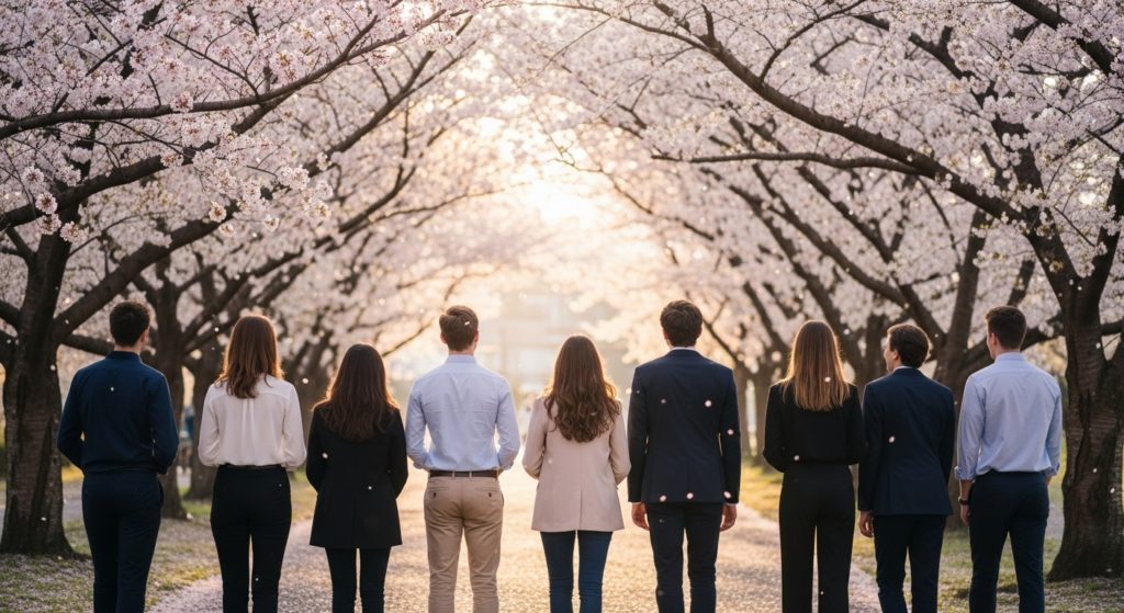 満開の桜並木の下を、希望に満ちた表情で歩く若い学生や新社会人の後ろ姿の画像。