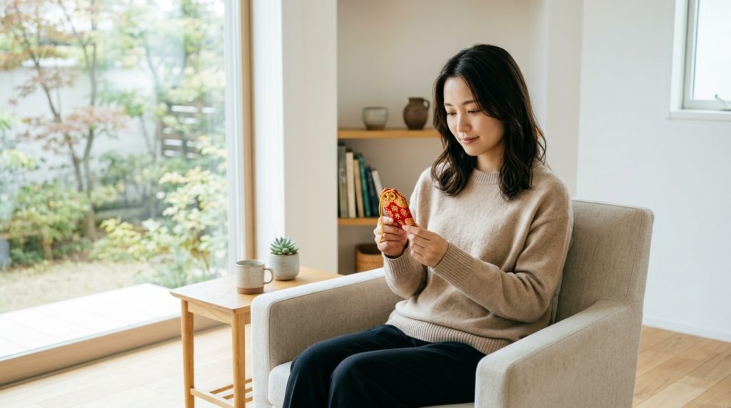 安心できる空間で護符を手にする女性