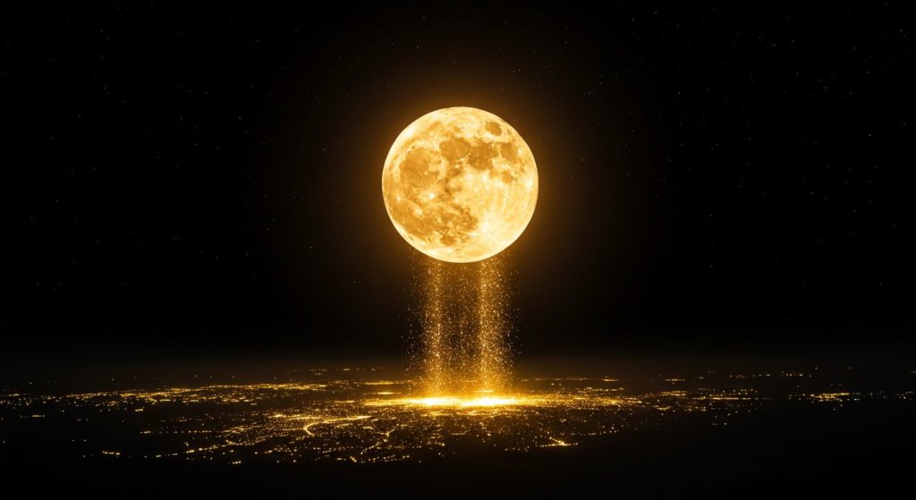 夜空に輝く満月と、キラキラと舞い落ちる金色の光