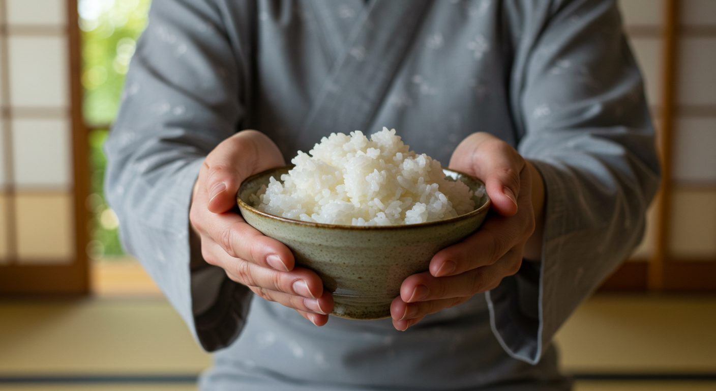 神様への感謝を込めて、お米を大切に捧げ持つ手元