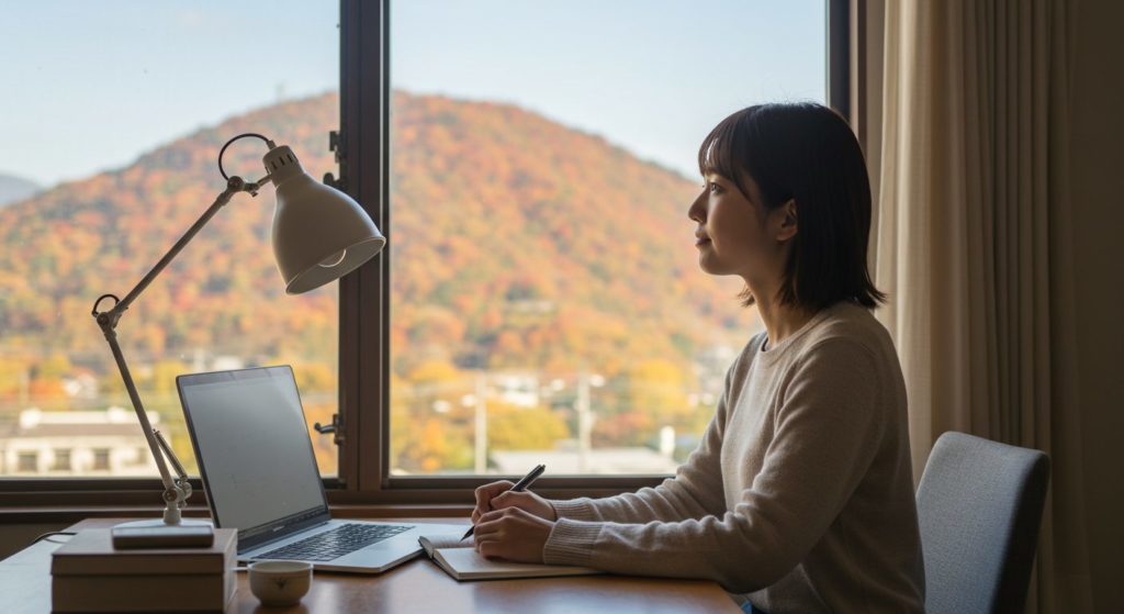 季節の移ろいに気づき、心を休める女性