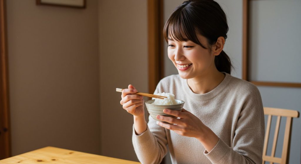 丁寧な暮らしの中で、新米を味わい心を満たす女性