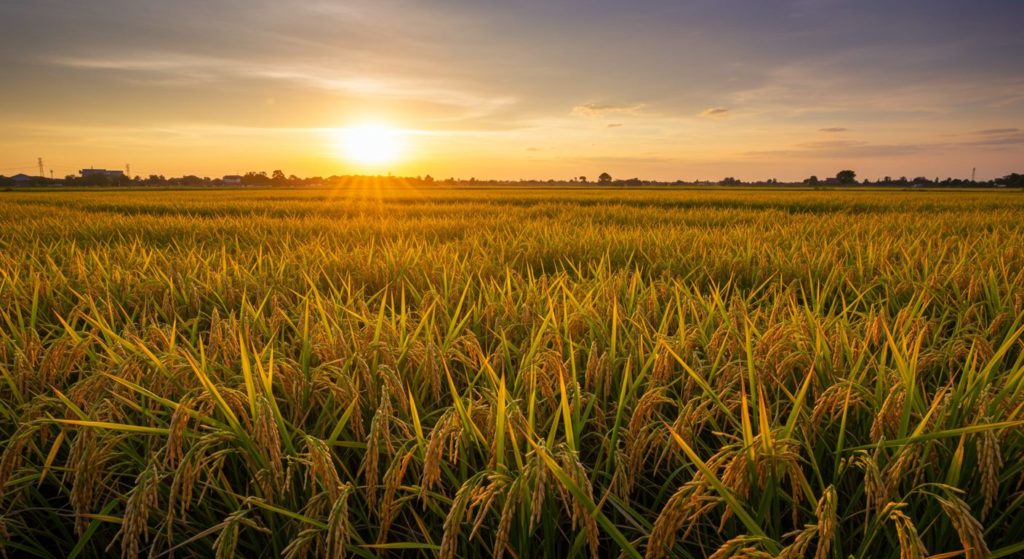 黄金色に輝く稲穂が風に揺れている風景