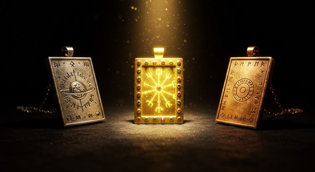 3つの異なるデザインの護符が、神々しい光を放ちながら並んでいる様子