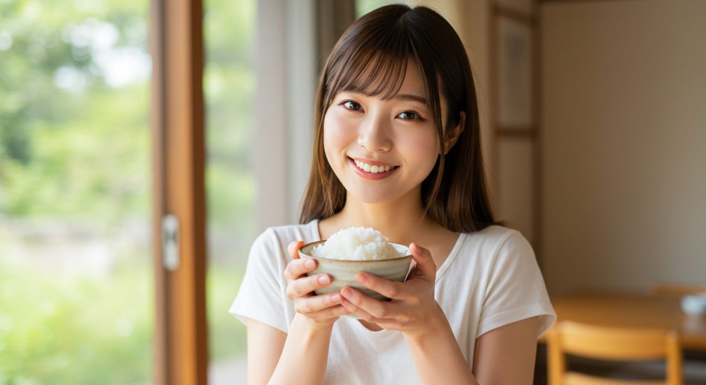 お茶碗のご飯を大切に持ち、金運アップを喜ぶ女性