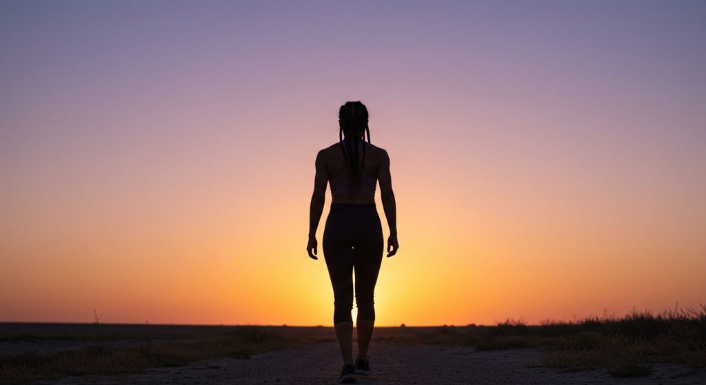 夜明けの光が差し込む地平線に向かって、一人の人物が力強く歩き出す後ろ姿