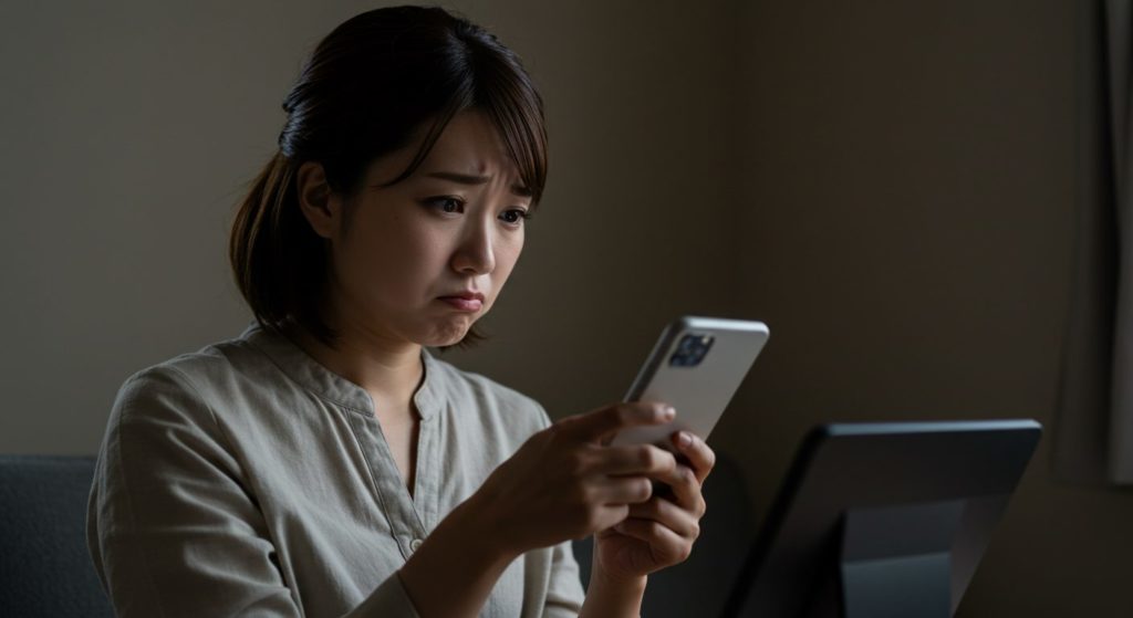 お金の悩みを抱え、将来に不安を感じる女性