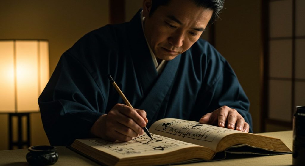 古い書物の上で、筆と墨を使い、精神を集中させて護符を描いている専門家の手元