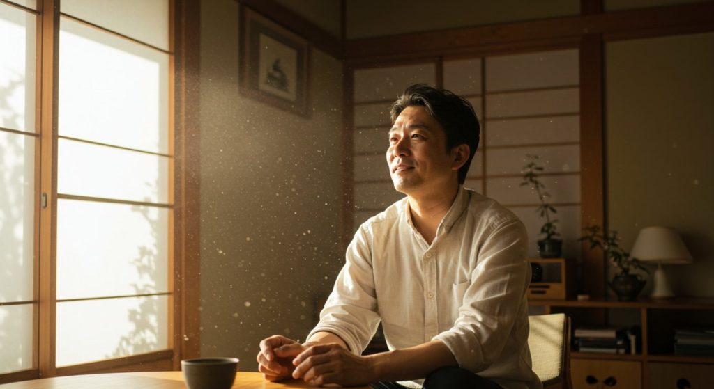 金運体質が改善し、希望に満ちた未来を見つめる男性