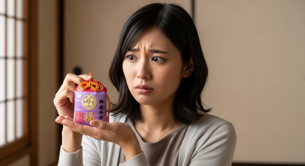 護符を手に持ち、これで本当に大丈夫かと少し不安そうな表情を浮かべる日本人女性