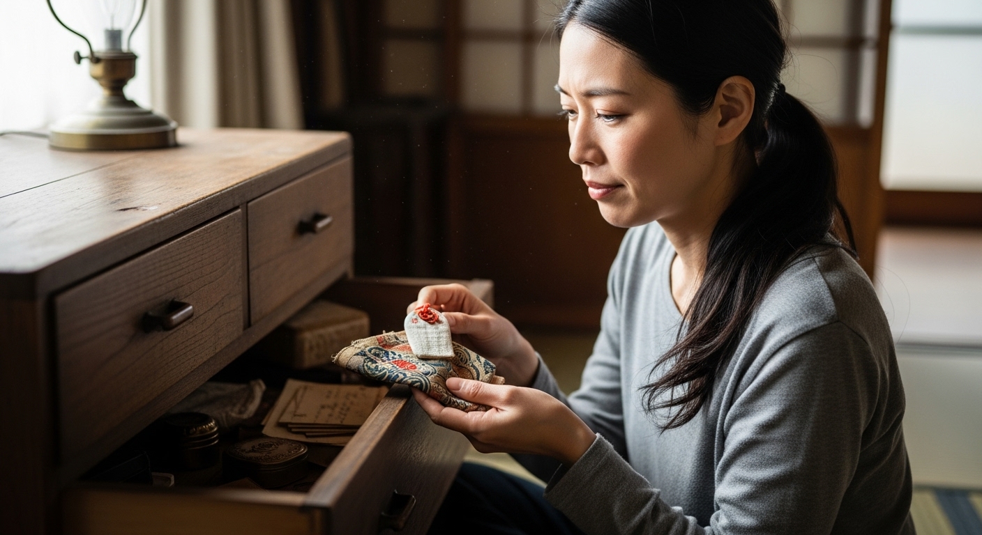 タンスの奥から古いお守りを取り出し、ため息をつく日本人女性