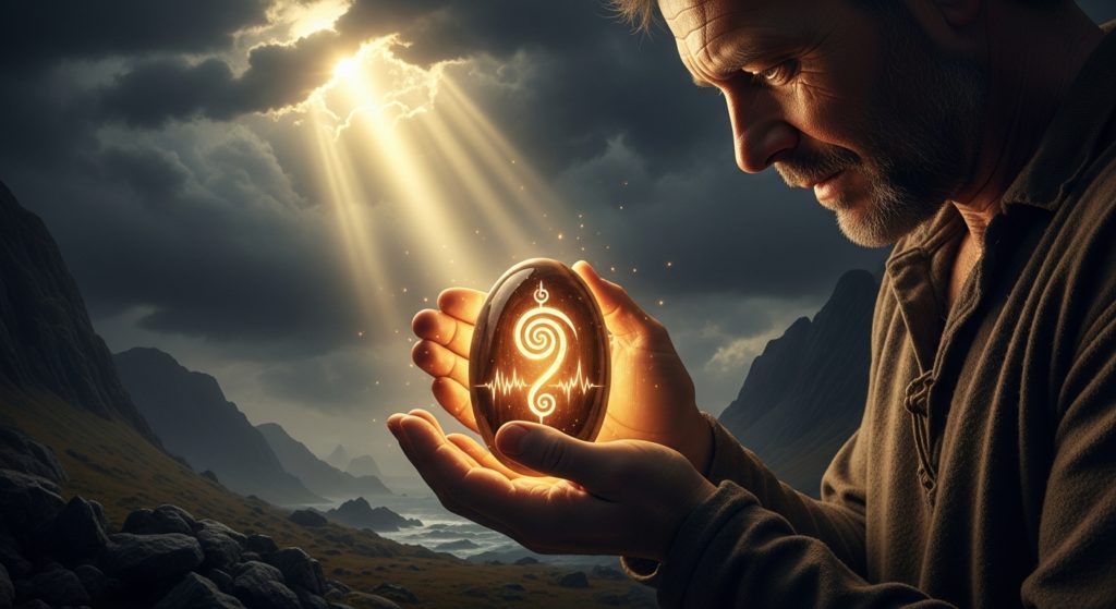 希望の光が差し込む中で、一枚の特別な護符を大切そうに見つめている