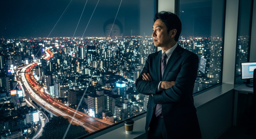高層オフィスの窓から夜景を眺め、物思いにふけるスーツ姿の日本人経営者