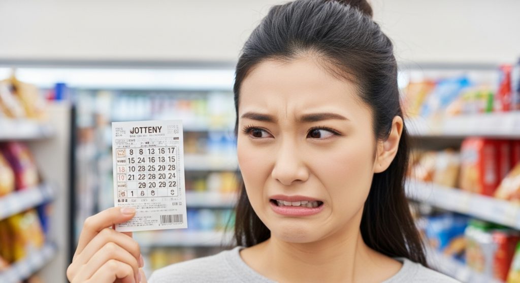 宝くじを手に持ち、悔しそうな表情を浮かべる日本人女性