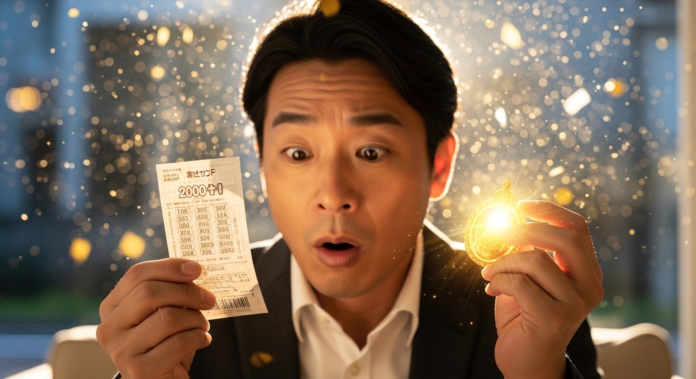 宝くじ高額当選を護符と共に喜ぶ男性