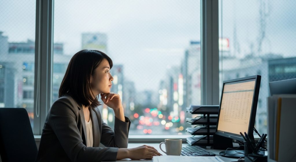 オフィスで一人、窓の外を見ながら物憂げな表情を浮かべる日本人女性