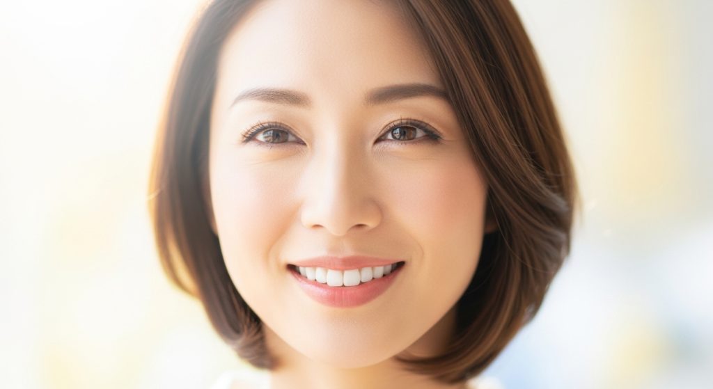 柔らかな光に包まれた空間で、心が洗われるようにスッキリとした表情で微笑む日本人女性
