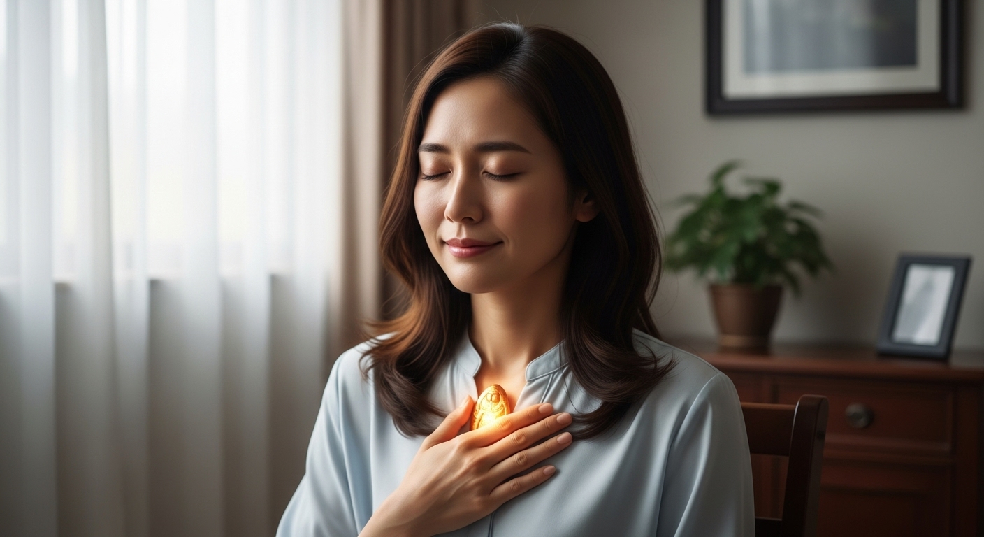 邪気が払われ、安らかな表情で護符を胸に当てる女性