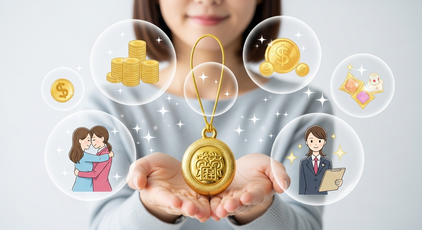 画面の中央に、日本人女性が月花殿の護符を両手で大切そうに持っている。彼女の周りには、彼女が夢見る未来を象徴する、キラキラと輝くシャボン玉のようなイメージが複数浮かんでいる。シャボン玉の中にはそれぞれ、「山積みのコイン（金運）」「寄り添うカップル（恋愛運）」「輝くキャリアウーマン（仕事運）」が美しく描かれている。全体的に明るく、希望に満ちたファンタジックな雰囲気で、この護符が様々な願いを叶える手助けになることを感じさせる、高品質で美しいイラスト風の画像。