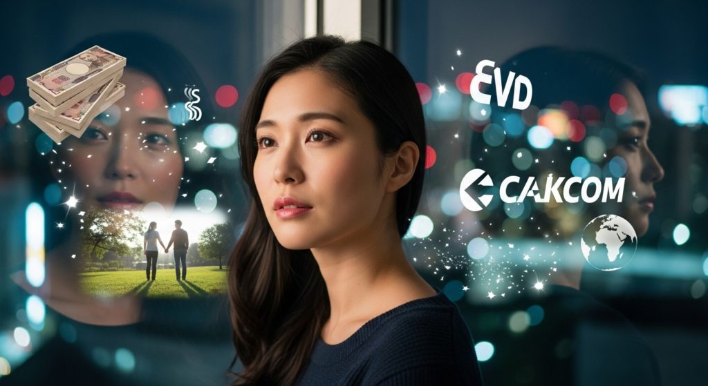 日本人女性が窓の外を眺めながら、自分の夢（お金、恋愛、仕事など）を象徴するイメージを思い浮かべている。表情は少し物憂げだが、希望も感じられる