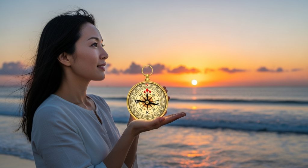 日本人女性が、輝く羅針盤（護符の象徴）を手に持ち、希望に満ちた表情で水平線の先を見つめている。背景には美しい朝日が昇っている