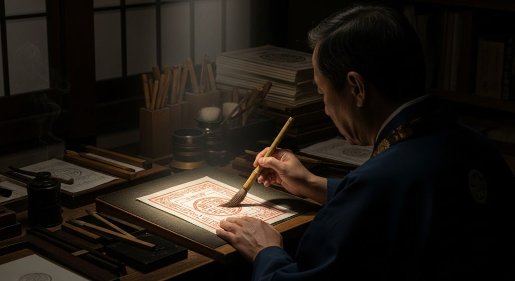 厳かで神聖な雰囲気の工房で、祈祷師・東条知明氏の後ろ姿。彼は集中した面持ちで、一枚の護符に筆を入れている。その手元にだけ光が当たっている。