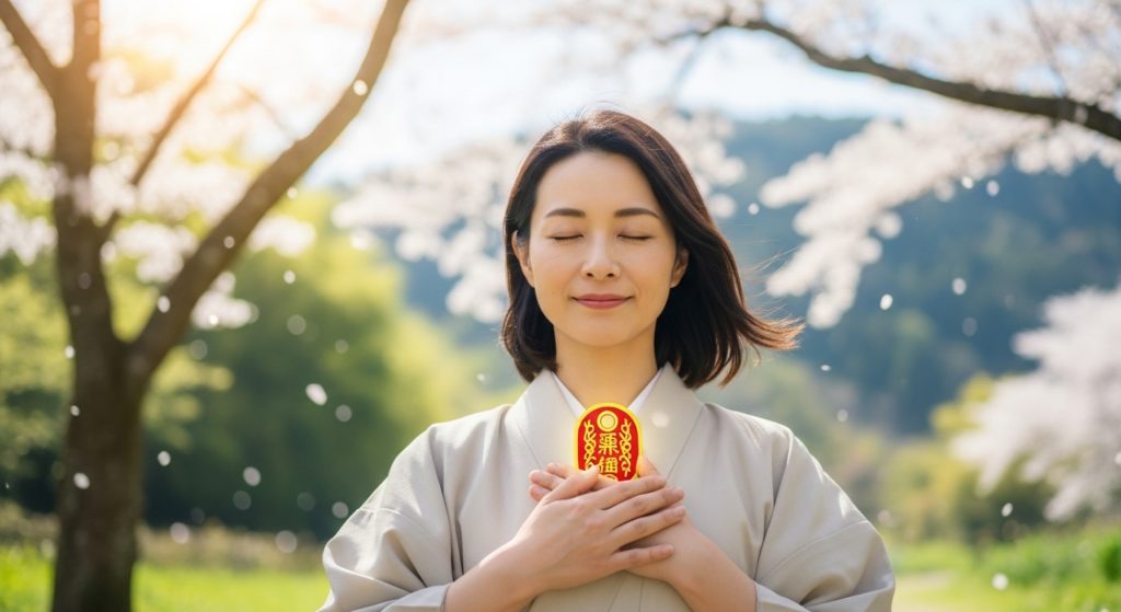 日本人女性が、美しい自然の中で目を閉じ、胸に当てた月花殿の護符を大切そうに抱きしめている。感謝と信頼の表情を浮かべている