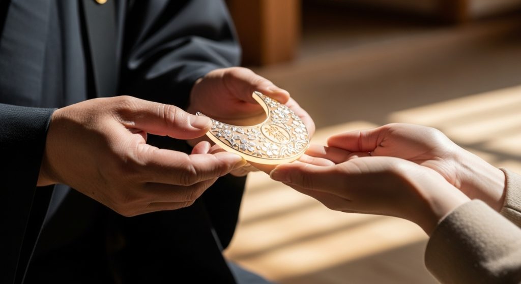 祈祷師・東条知明氏の手元から、光り輝く月花殿の護符が、それを受け取る女性の手へと、優しく手渡される瞬間。感謝と信頼が感じられる、感動的なイメージ。