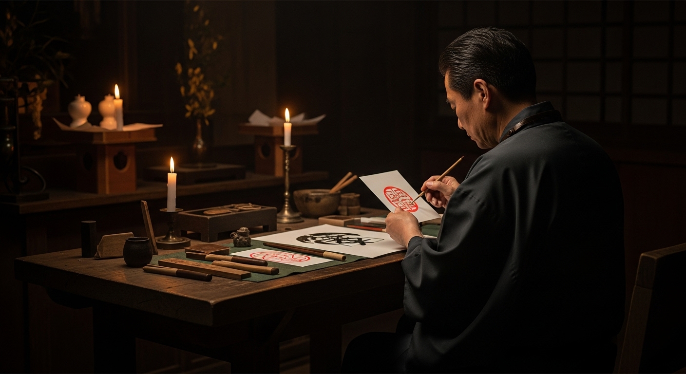 厳かで神聖な空気が漂う、静かな工房。祈祷師・東条知明が、ロウソクの灯りのみに照らされながら、精神を極限まで集中させている。彼の手元にある一枚の和紙の護符に、魂を込めて最後の一筆を入れようとする、まさにその瞬間。彼の背中からは、本物だけが持つ圧倒的なオーラと覚悟が感じられる。見る者の心を揺さぶるような、高品質でドラマチックな写真風の画像。