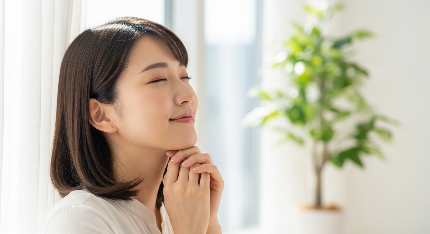 20代の日本人女性が、柔らかい自然光が差し込む明るいオフィスの窓際で、ほっと一息つきながら穏やかな微笑みを浮かべている。彼女の表情からは、職場の人間関係の悩みや不安から解放された安心感が伝わってくる。背景には小さな観葉植物が置かれており、全体的に清潔感とポジティブな雰囲気が漂っている。写真のようにリアルでありながら、温かみと優しさを感じるスタイル