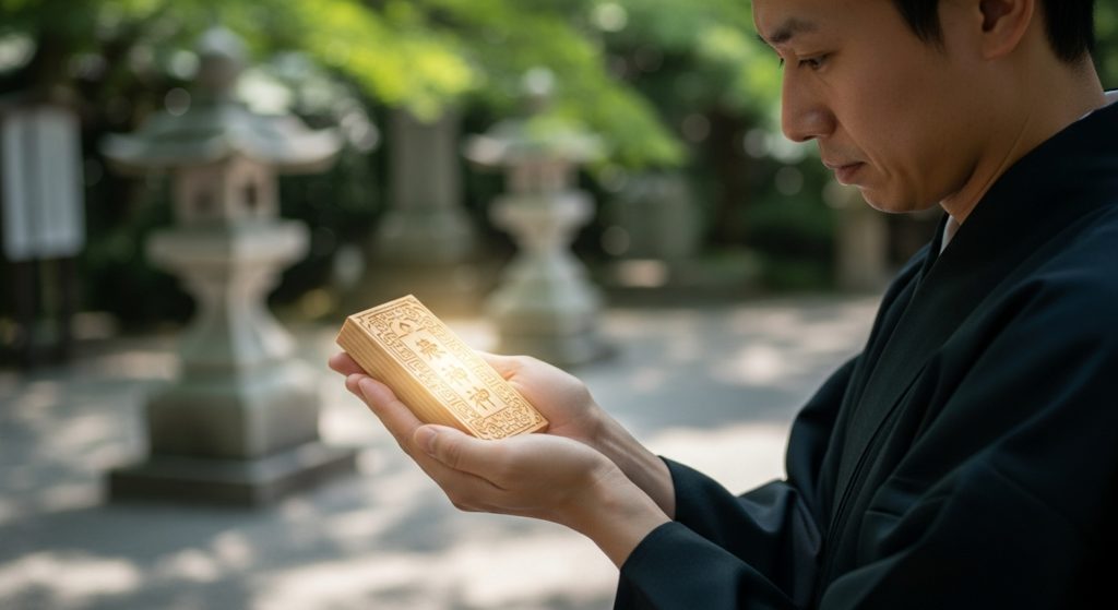 神聖な雰囲気の中で、月花殿の護符を両手でそっと大切に持っている日本人の手元。背景は柔らかい光に包まれている。