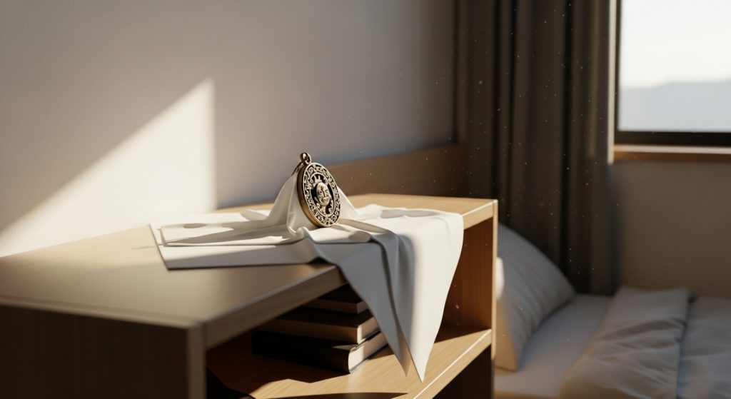 明るく清潔な寝室の棚の上に、白い布が敷かれ、その中央に月花殿の護符が丁寧に立てかけられている。朝日が優しく差し込んでいる