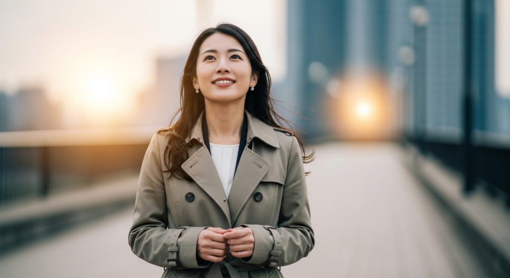 夢や目標に向かって、希望に満ちた表情で前を向いて歩き始める日本人女性。背景には明るい未来を象徴するような光が広がっている