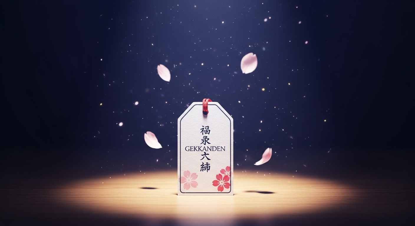 神聖で少しミステリアスな雰囲気の中、木製の清浄な机の上に「月花殿」と書かれた美しい和紙の護符が一つ、スポットライトを浴びるように置かれている。護符の周りには、桜の花びらが数枚、優雅に舞っており、背景は深い藍色で、キラキラと輝く光の粒子が漂っている。護符から優しい光が放たれているようなイメージで、見る人が希望と期待を感じられるような、高品質で美しい写真風の画像。