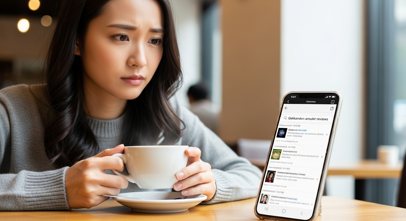 カフェのテーブルで、一人の日本人女性がスマートフォンで「月花殿 護符 口コミ」と検索しながら、少し不安そうな、考え込んでいる表情をしている。手元にはコーヒーカップが置かれている。
