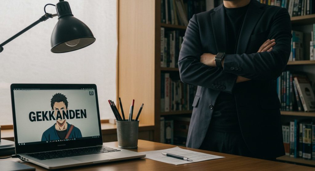 月花殿についてPCでリサーチする男性