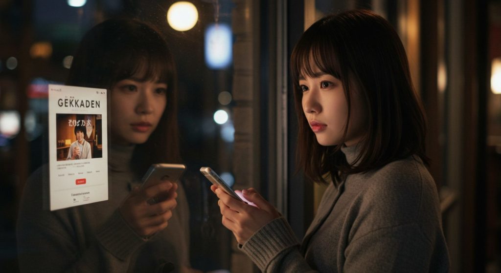 月花殿の護符について悩む女性