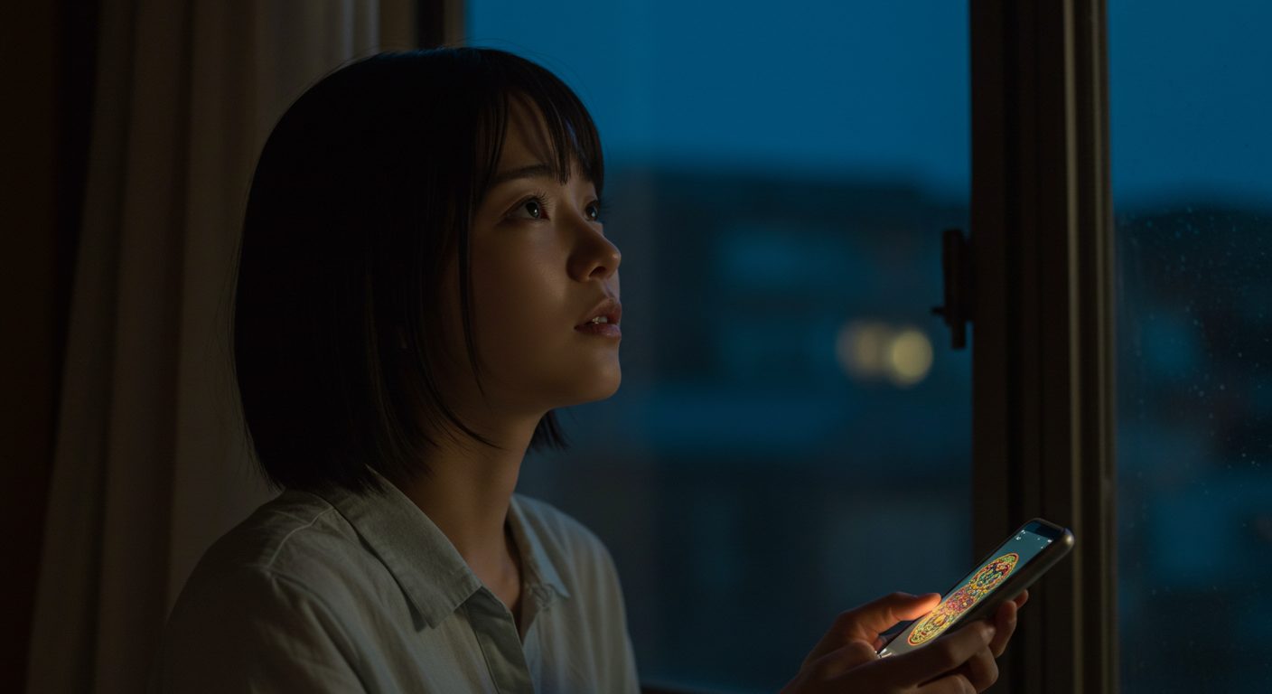 月花殿の護符を手にするか悩みながらも、未来への希望を見出そうとしている女性